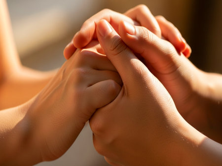 Close-up of hands of mother and daughter holding hands in sunlightの素材