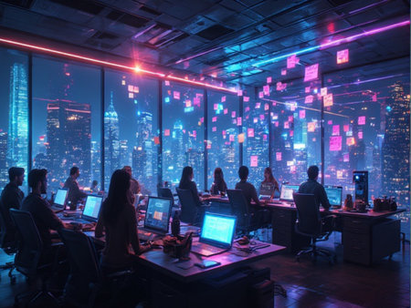 Group of business people working in modern office with cityscape at nightの素材