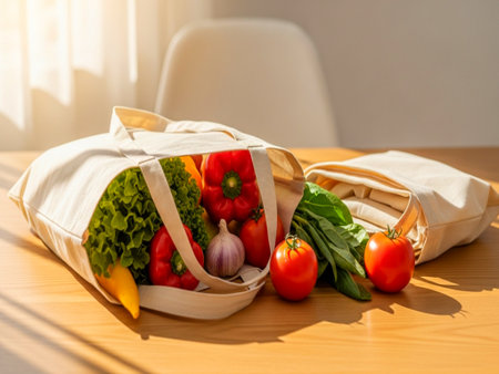 vegetables in eco bag on wooden table in the kitchen.の素材