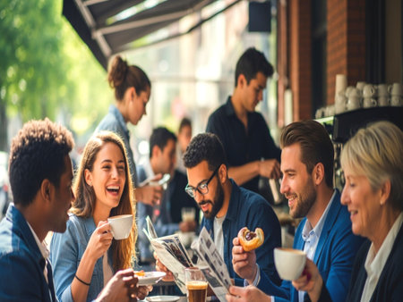 Group of business people having a coffee break in a coffee shop.の素材