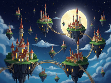 Fantasy castle in the sky with full moon - illustration for childrenの素材