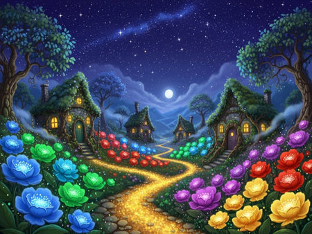 Illustration of a fairy-tale village at night with a full moonの素材