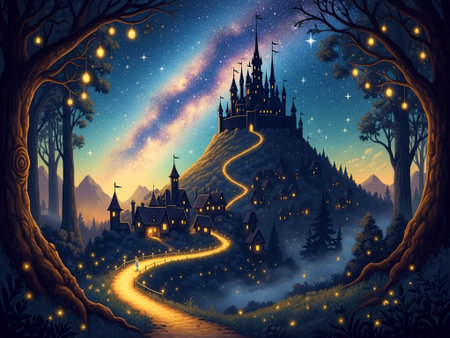 Fairytale landscape with castle in the forest. Vector illustration.の素材