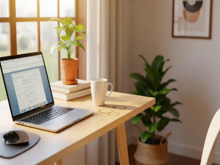 Laptop and coffee cup on table at home office. Work from home concept.の素材