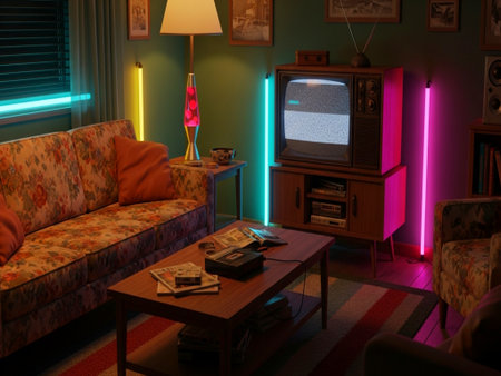 Vintage TV set in living room at night with colorful neon lightsの素材
