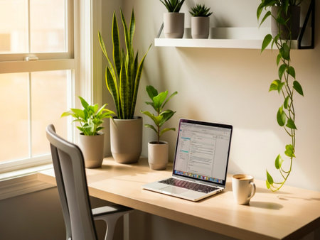 Workplace with laptop and coffee cup on wooden table at home officeの素材