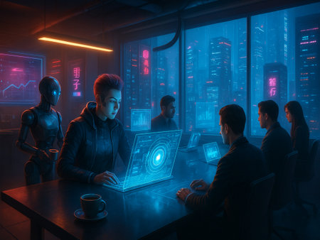 Group of young software developers working on a project together in a dark office.の素材