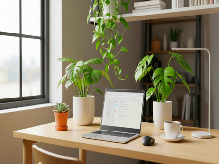 Workplace with laptop on table in office. Mockup for designの素材