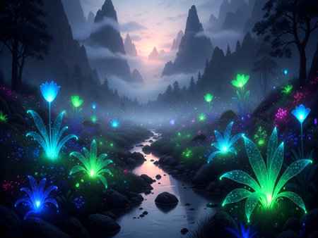 Fantasy landscape with magic forest and river. 3d illustration.の素材