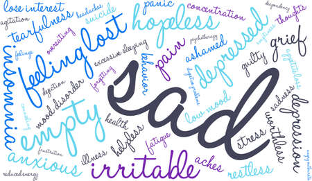 Sad word cloud on a white background.