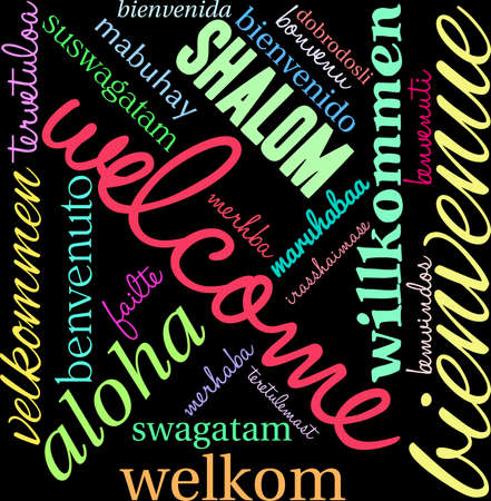 International Welcome Word Cloud on a black background.のイラスト素材