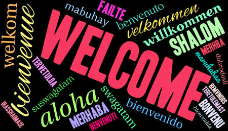 International Welcome Word Cloud on a black background.のイラスト素材
