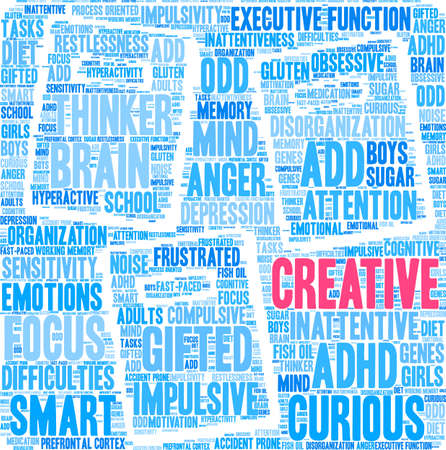 Creative ADHD word cloud on a white background. のイラスト素材
