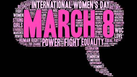 March 8 word cloud on a black background. 