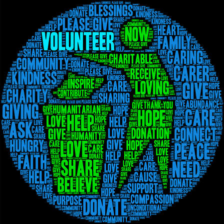 Volunteer word cloud on a black background.のイラスト素材