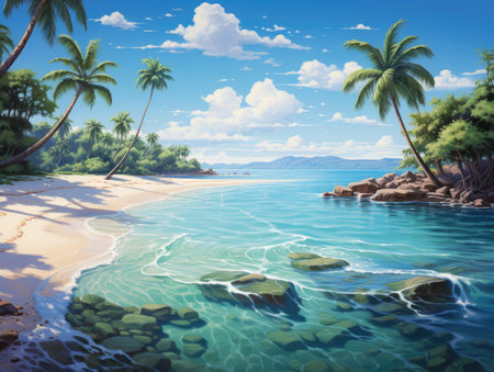 Tropical beach with palm trees and sand. 3d renderの素材