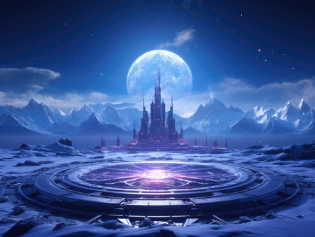 Fantasy alien planet. Mountain and city at night. 3D illustrationの素材