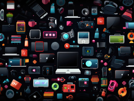 Electronics and gadgets background. Realistic vector illustration of electronic devices and gadgets.の素材