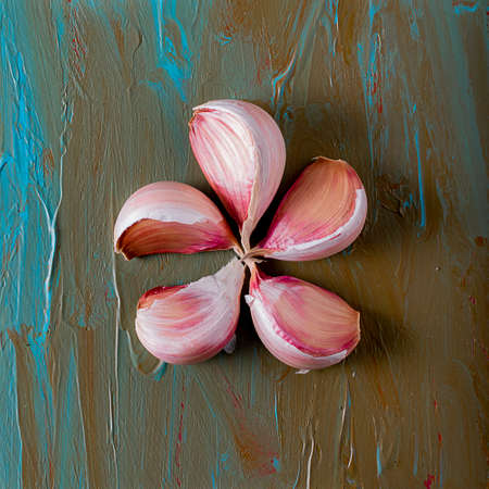 Garlic cloves on the surface of a blue acrylic paint.