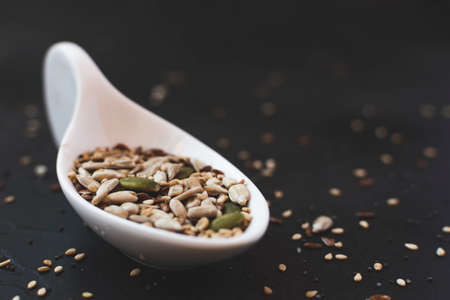 Sesame seeds next to different fruit seeds in a white ceramic spoon. Dark food conceptの写真素材
