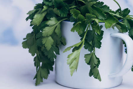 White tin cup with blue rim, with fresh parsley inside, placed on a white table with blue...