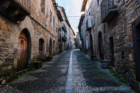 View of the typical streets in the town of Ainsa, in Spain.の写真素材