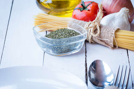 White plate on a table with typical Mediterranean diet foodの写真素材