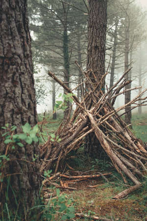 Survival hut made of branches in the middle of the forest.