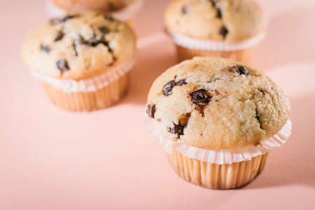 Close-up of homemade cupcake with chocolate shavings with pink background.の写真素材