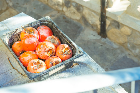 Bucket with lots of freshly caught persimmons in the field.