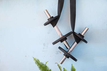 A pair of dumbbells hanging from ribbons on a blue wall.の写真素材