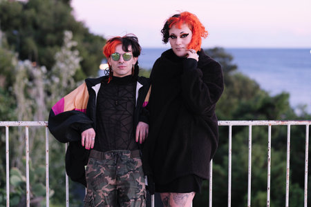 Couple of a boy with a transgender girl with an urban look.の写真素材