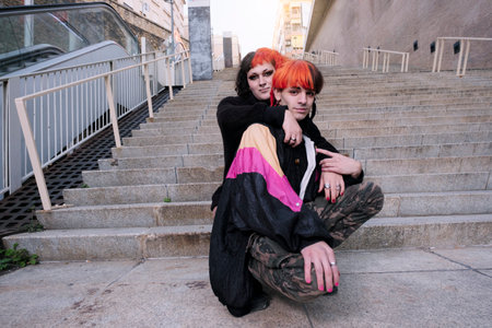 Couple of a boy with a transgender girl with an urban look.の写真素材