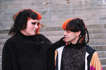 Couple of a boy with a transgender girl with an urban look.の写真素材