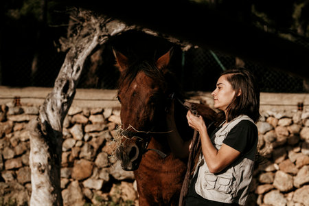 Brunette girl preparing the horse for riding.の写真素材