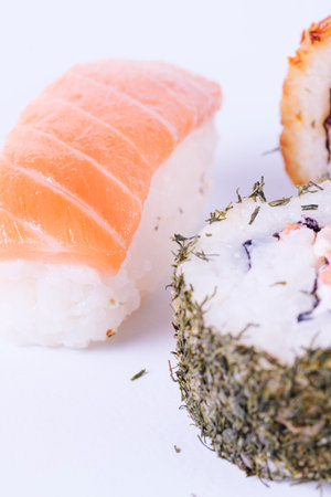 Cream cheese sushi with dill on the outside.の写真素材
