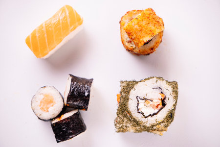 Different types of sushi: maki, nigiri, uramakiの写真素材