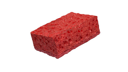 Red kitchen sponge, dishwashing sponge isolated on white background.の写真素材