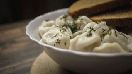 Appetizing dumplings in a plate close-up, dumplings with herbs, homemade food, cooking.の写真素材