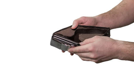Wallet open in the hands of a man, isolated on white background, financial problems, no money in the...