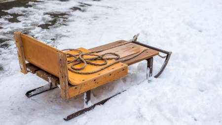 Winter sleds on snowy ground, metal sleds.の写真素材