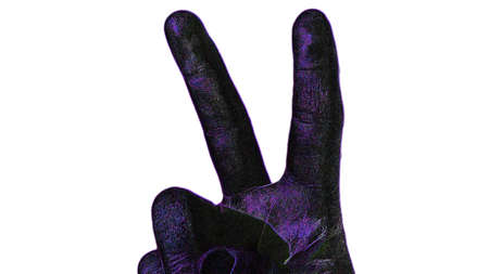Illustration A man's hand raises two fingers up to the hand shows the strength of the world and a...