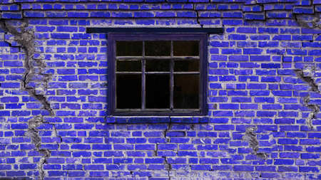 Background of an old brick house with a wooden window. The wall is brick blue with cracks and a window.の写真素材
