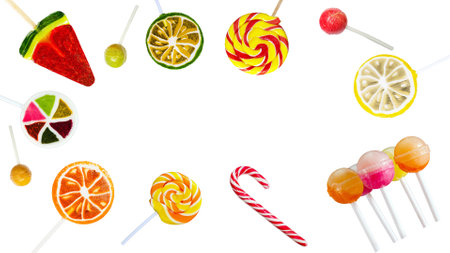 Mix lollipops different on white isolated background. Childrens sweets copy space. Caramel banner.の写真素材