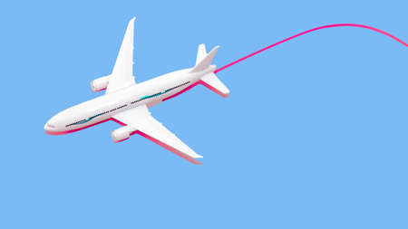 White passenger plane with neon illumination in flight on a beautiful blue background, flying with a...