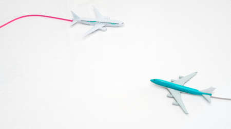 Illustration of airplanes flying with a contrail, copy space. Airline travel concept.