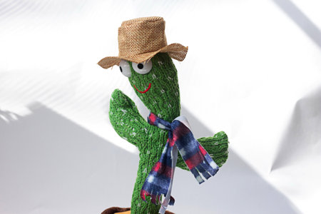 handmade woolen man in a hat and scarf on a white backgroundの写真素材