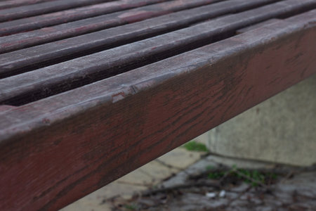 Wooden bench in the park, close-up, selective focus