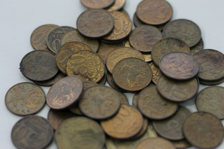 Coins of the USSR. Ancient coins of the USSR on the table.の写真素材