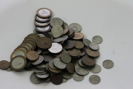 Thai Baht coins on white background,Thai Baht coinsの写真素材